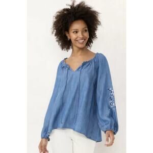 Lauren Conrad Tencel Chambray Floral‎ Embroidered Long Sleeve Swing Top Size XS